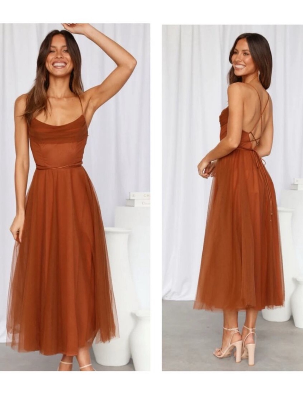 Hello Molly Signal My Way Tulle Midi Dress Size 4/Small Brown Corset Cocktail